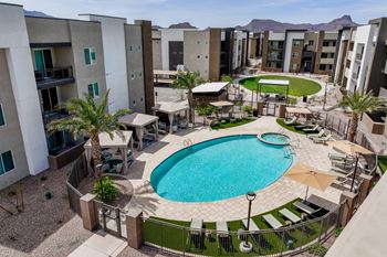 Pool with cabana lounge seating